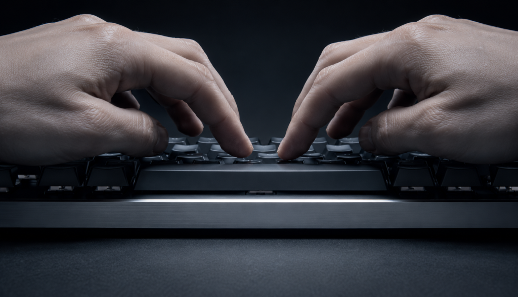 Two fingers positioned for alternating tap technique above keyboard spacebar