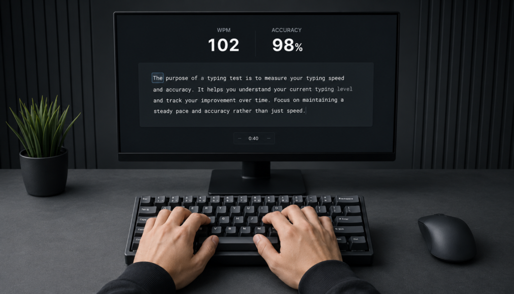 Hands typing on keyboard with WPM and accuracy score shown on monitor