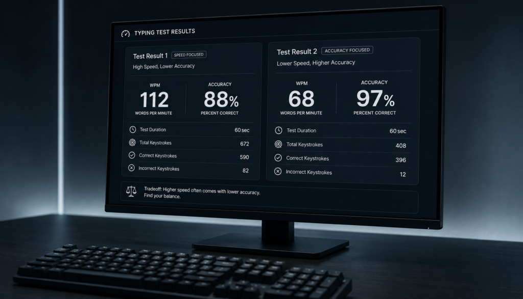 Monitor comparing two typing test results showing speed versus accuracy tradeoff