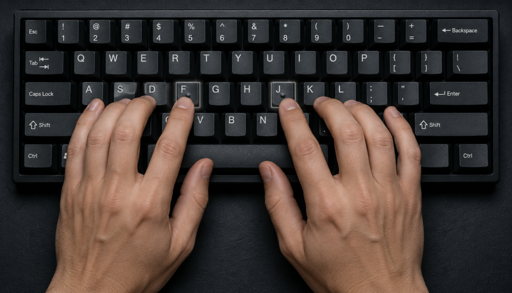 Top-down view of hands in proper touch typing position on keyboard home row