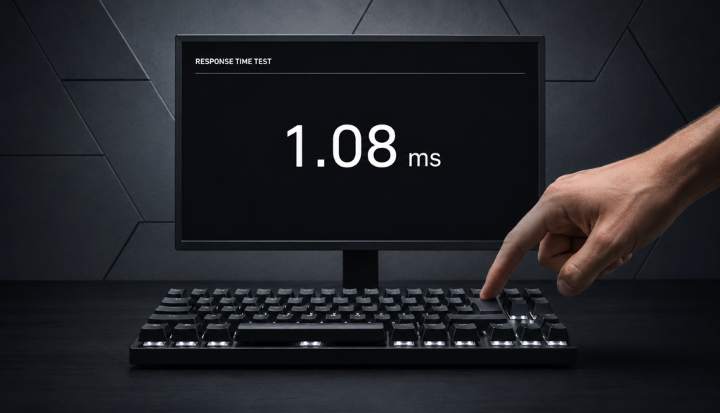 Finger pressing keyboard key with millisecond response time on monitor