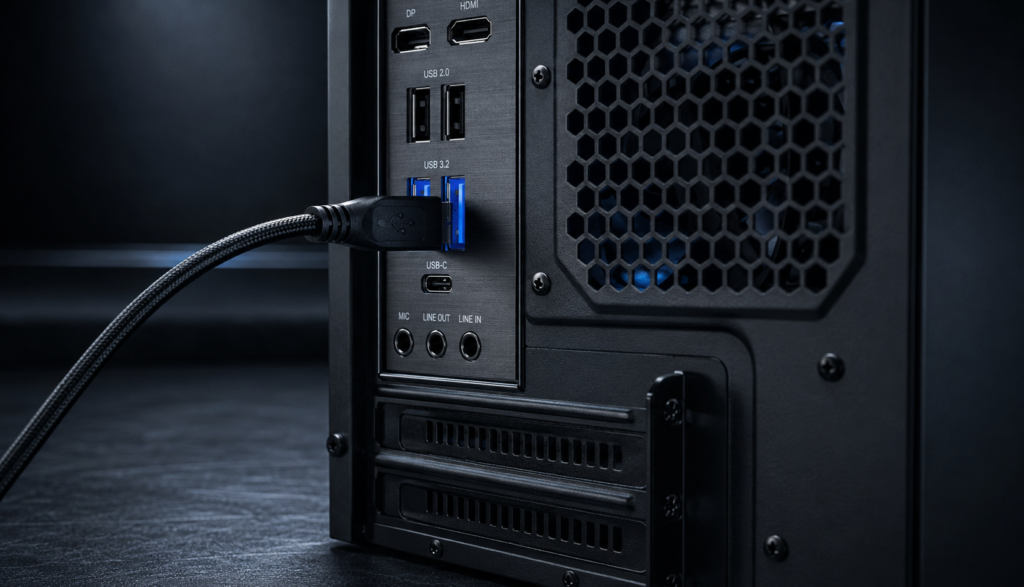 Keyboard cable plugged directly into rear USB port on PC tower
