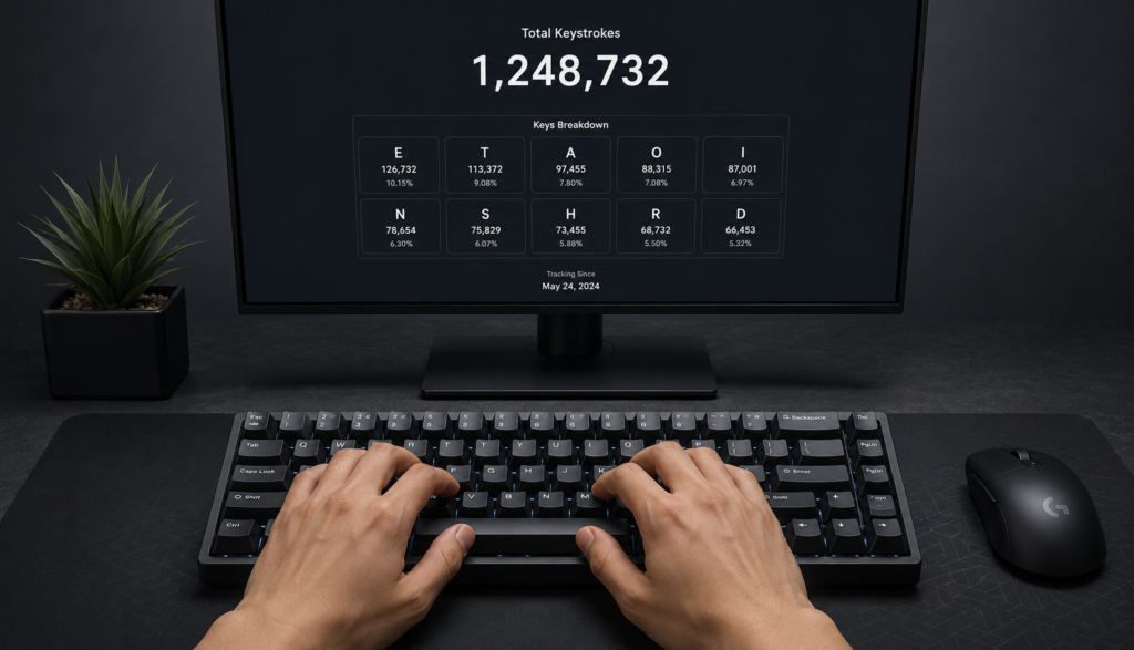 Hands typing on keyboard with keystroke counter total shown on monitor