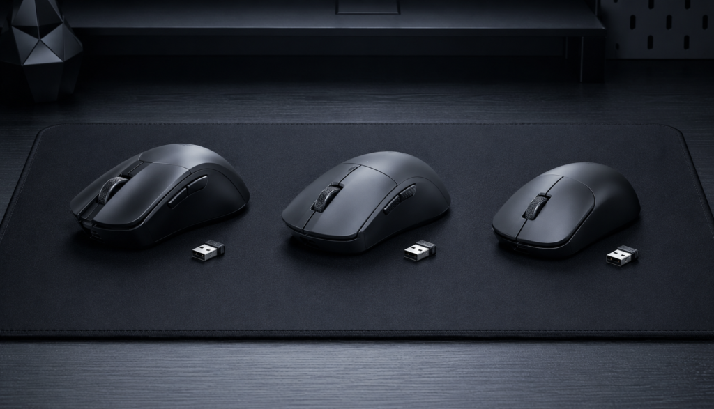 Three wireless gaming mice with USB dongles representing different price tiers