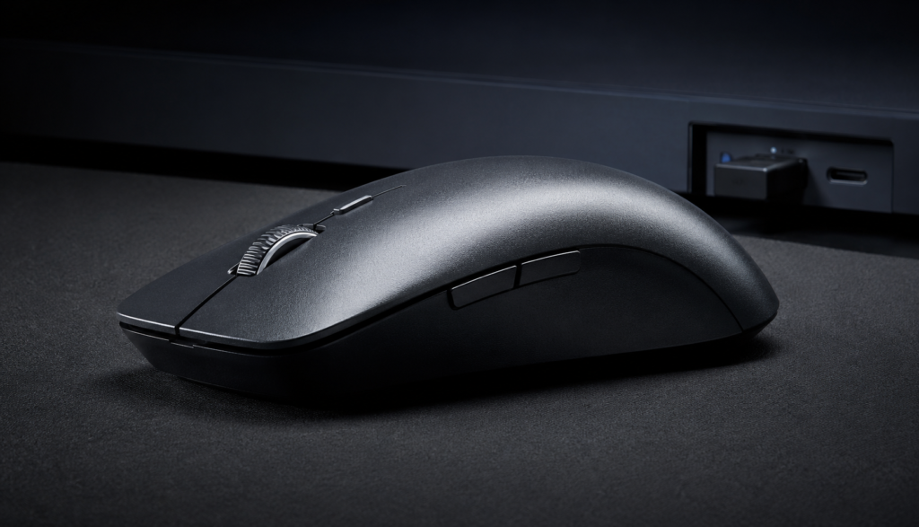 Premium wireless gaming mouse with USB dongle connected in background