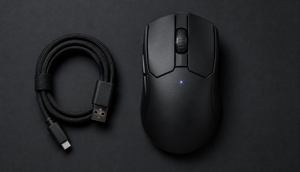 Wireless gaming mouse with charging cable and battery indicator on desk