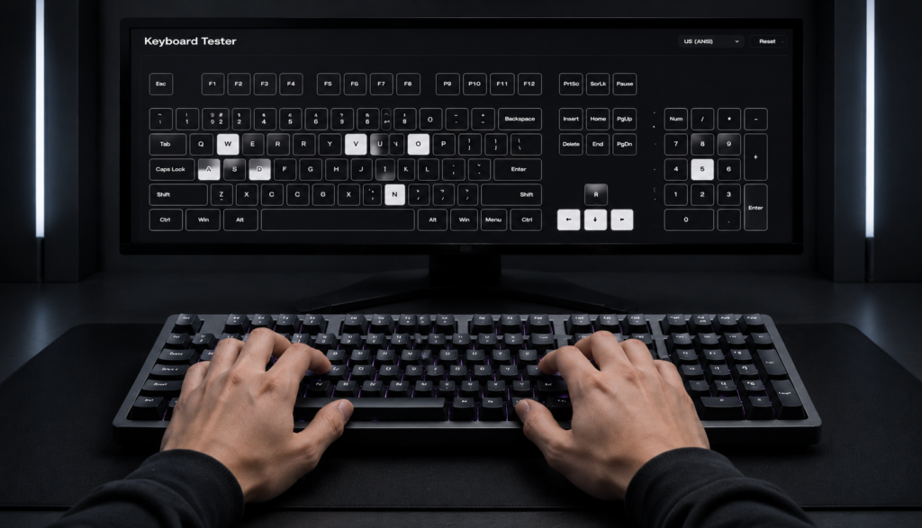 Hands pressing multiple keys on mechanical keyboard during full layout test