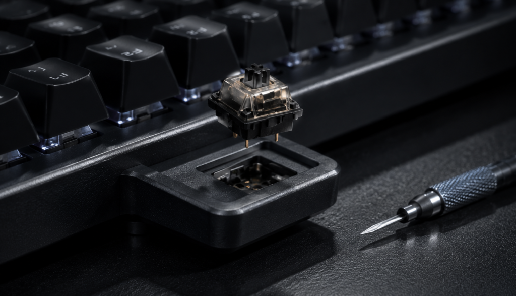  Mechanical keyboard switch being inserted into hot-swappable socket