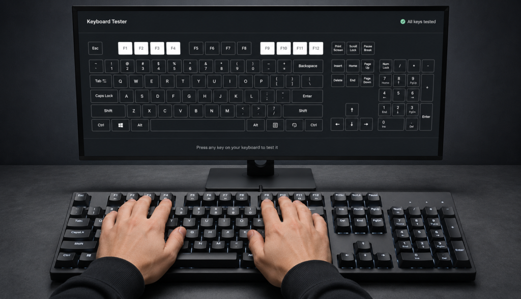 Hands pressing function keys on full keyboard with complete layout test on monitor