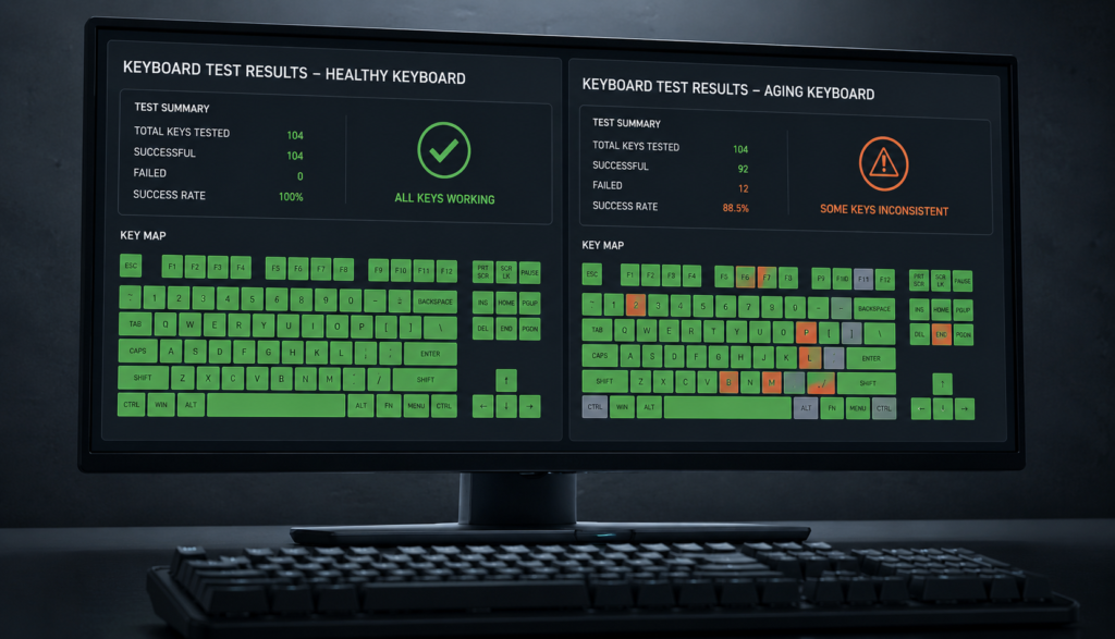 Monitor comparing healthy and aging keyboard test results side by side