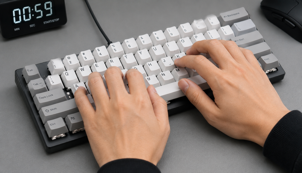 Close-up of hands positioned on mechanical keyboard showing proper finger placement during typing test.