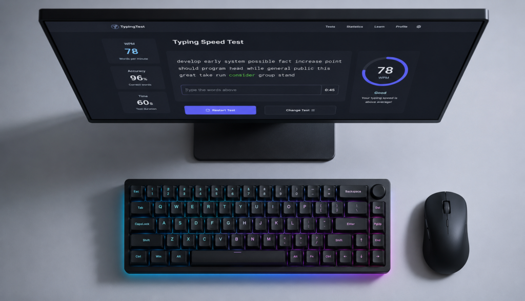 Overhead view of minimalist desk with mechanical keyboard and monitor showing typing speed test.