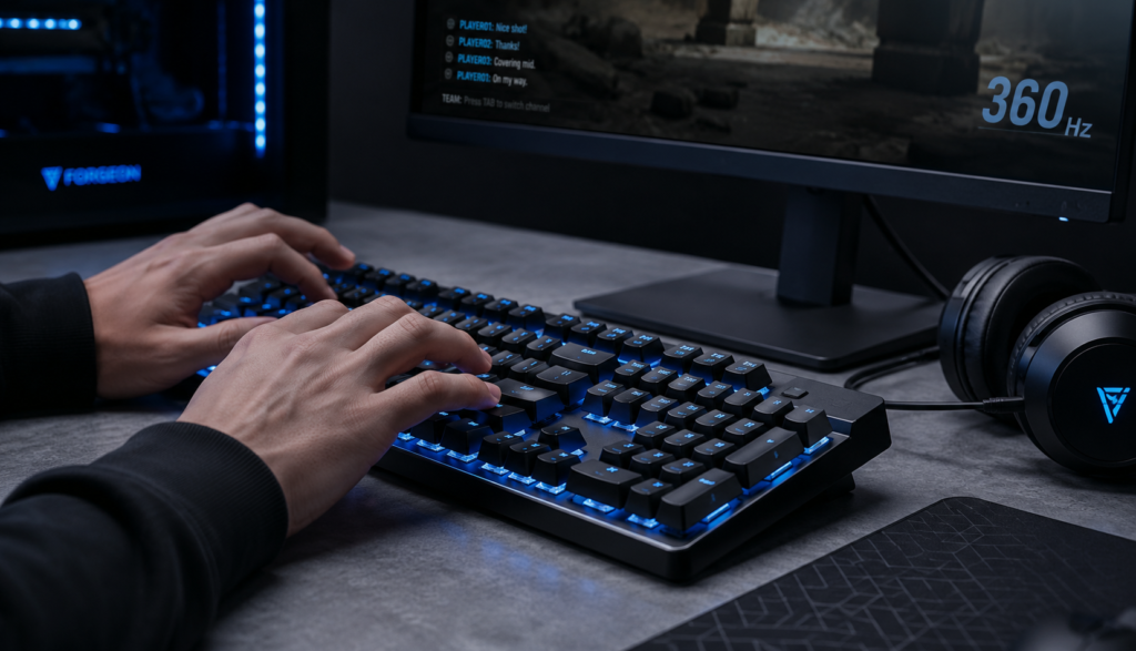 Gamer's mechanical keyboard with RGB lighting showing hands in mid-keystroke during gameplay communication.