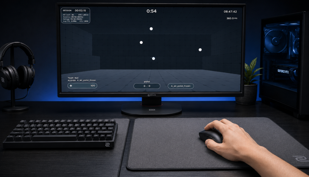 Gamer's hand on a gaming mouse at a clean competitive desk setup