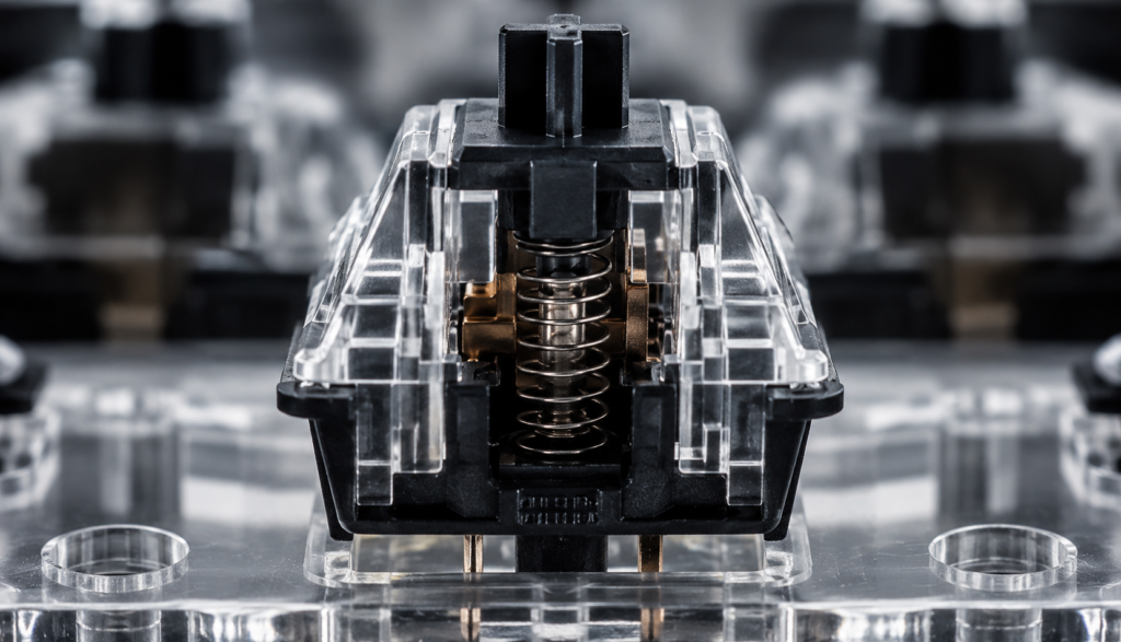 Close-up of mechanical switch internals showing stem and spring during actuation.