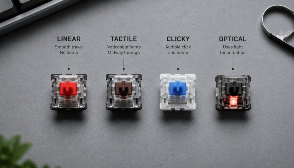 Flat-lay comparison of linear, tactile, clicky, and optical mechanical switches side-by-side.