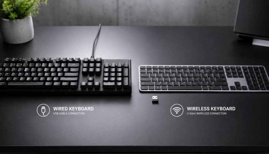  Wired and wireless mechanical keyboards positioned side-by-side showing connection method differences.
