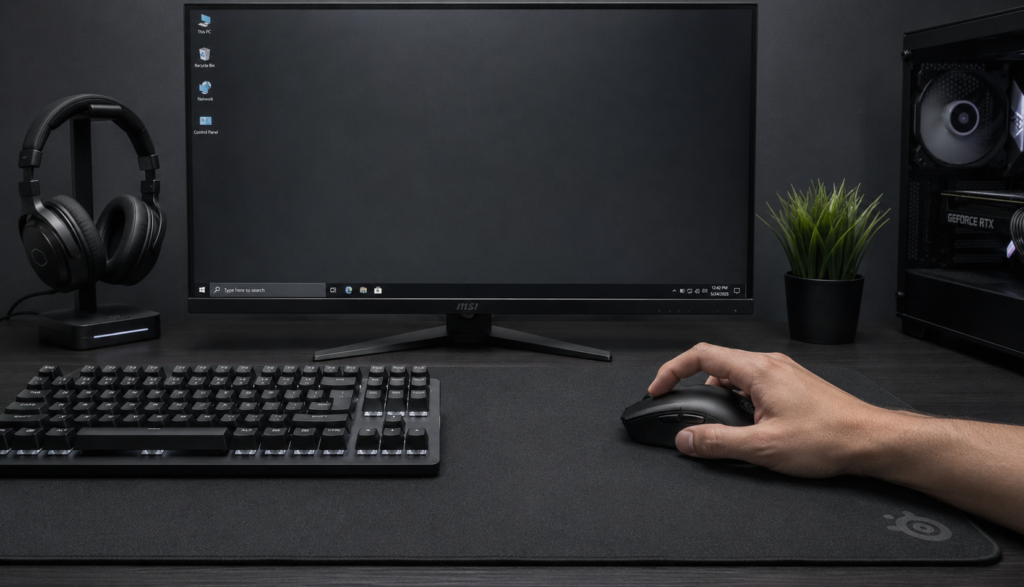 Hand pressing left mouse button on a gaming mouse at a dark desk