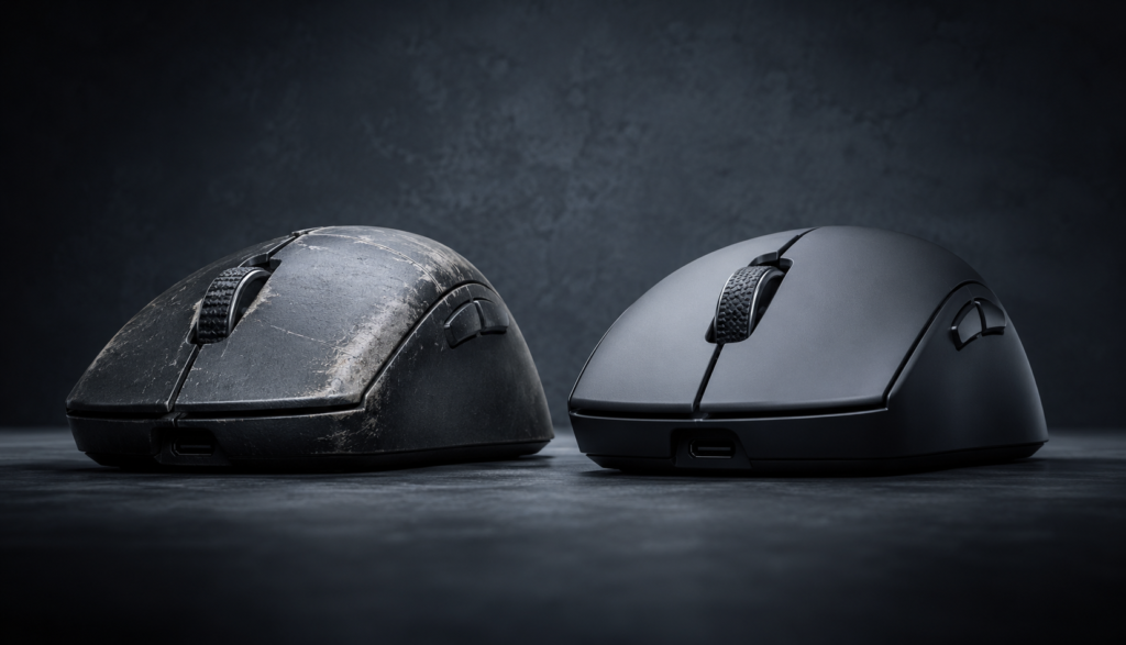 Side-by-side comparison of a worn gaming mouse and a new replacement mouse