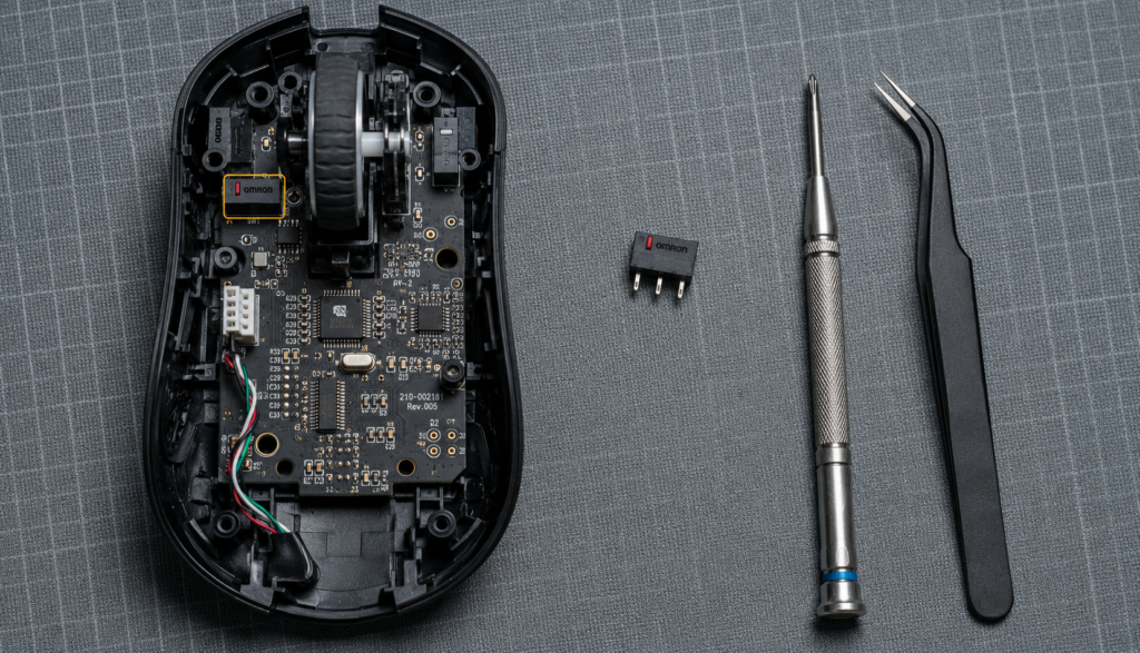 Disassembled gaming mouse showing internal microswitch and PCB components