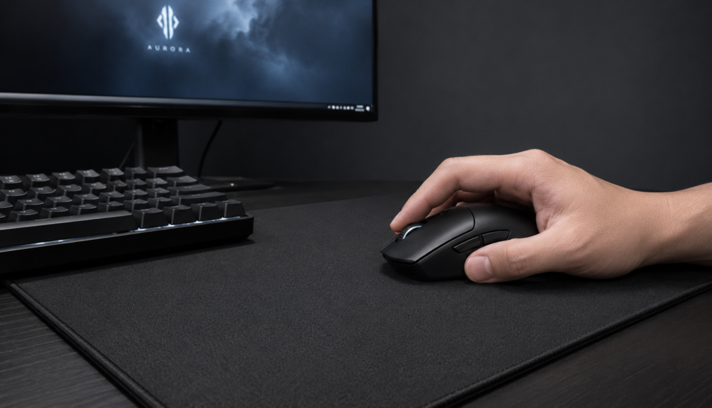 Hand resting on gaming mouse with finger on scroll wheel at desk