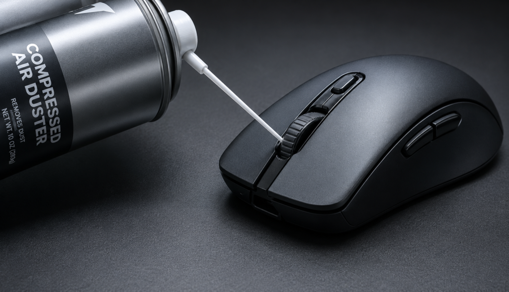 Compressed air can aimed at gaming mouse scroll wheel for cleaning