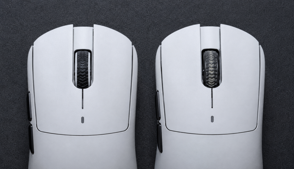 Top-down comparison of a worn and new gaming mouse scroll wheel