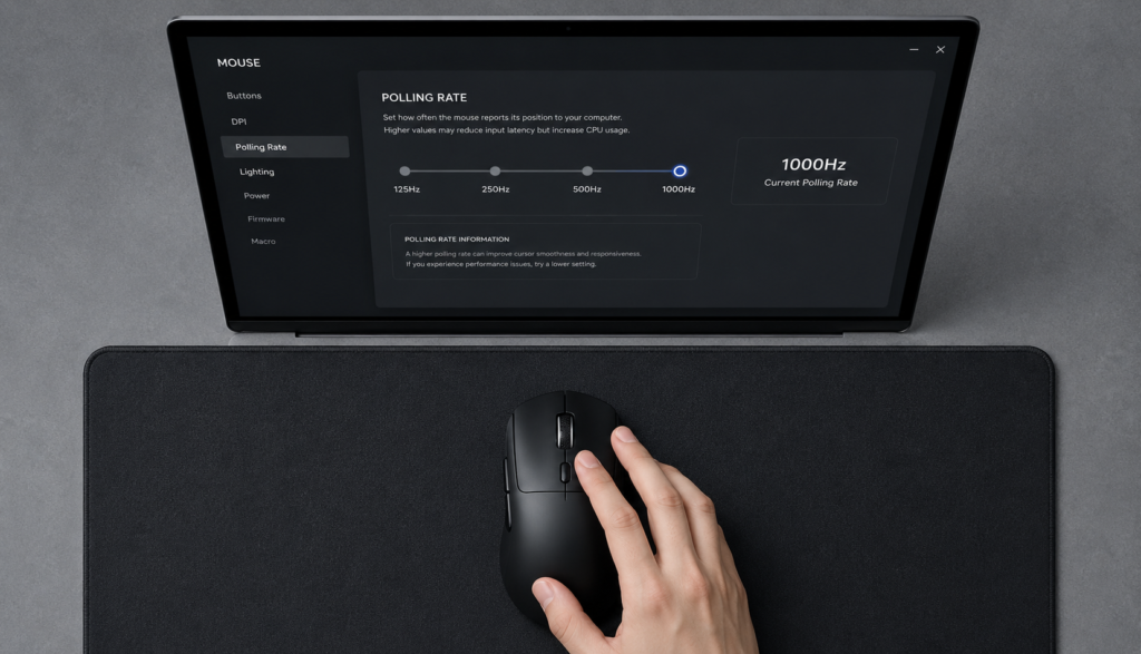 Top-down view of gaming mouse beside laptop showing polling rate settings