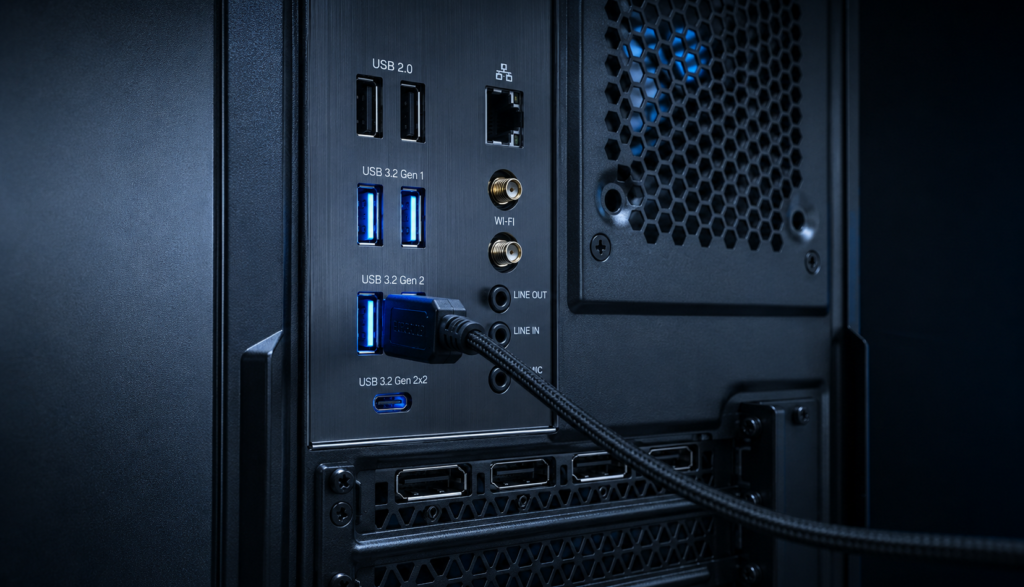 Gaming mouse USB cable plugged directly into desktop PC back panel port