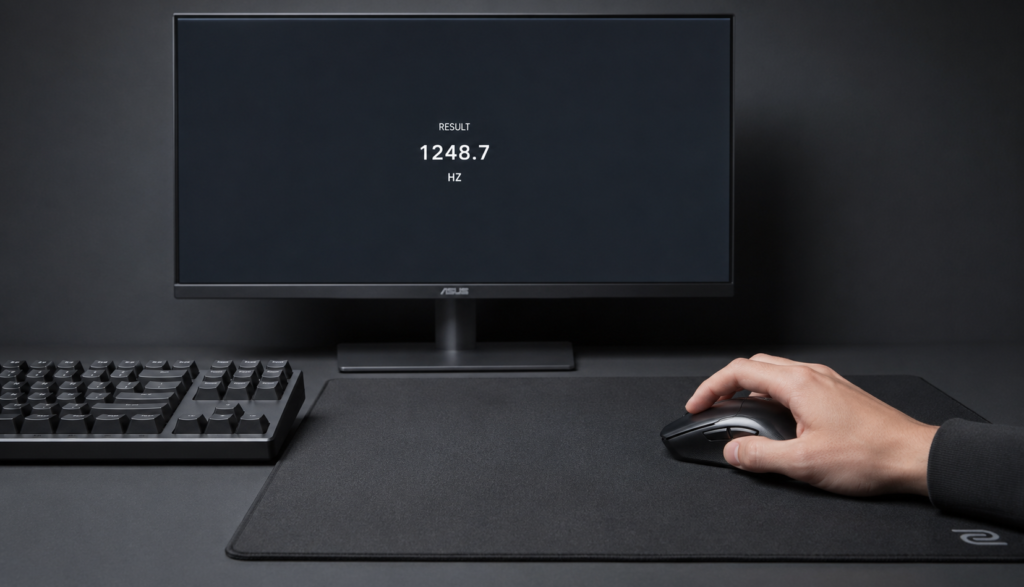 Hand clicking gaming mouse at desk with latency test result on monitor