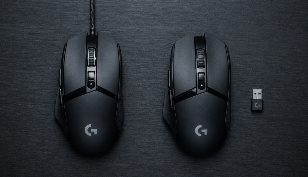 Top-down comparison of wired gaming mouse with cable and wireless mouse with dongle