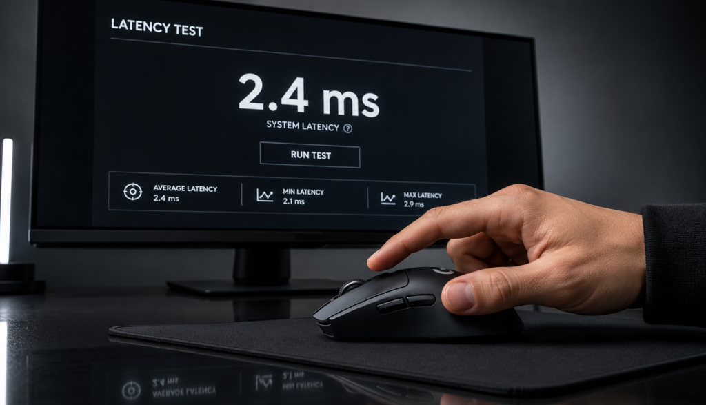 Hand over gaming mouse with latency test result displayed on monitor screen