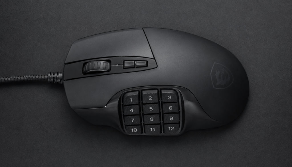 Top-down view of MMO gaming mouse showing programmable side button grid