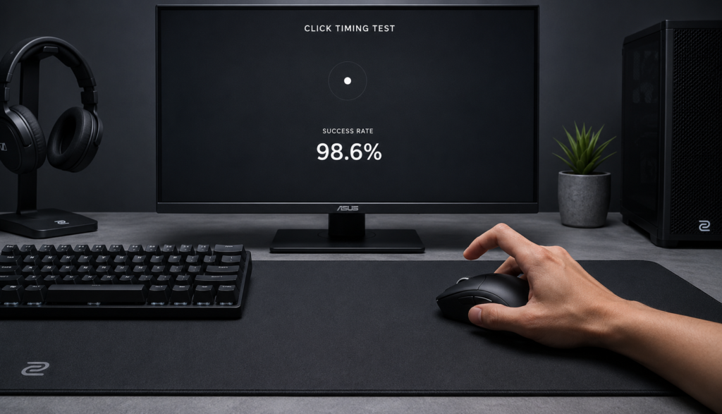Hand double clicking gaming mouse with success rate shown on monitor screen
