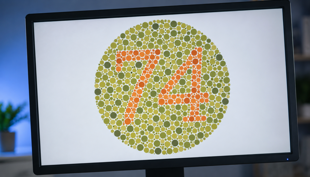 Close-up of Ishihara color blind test plate displayed on monitor showing colored dots with hidden number.