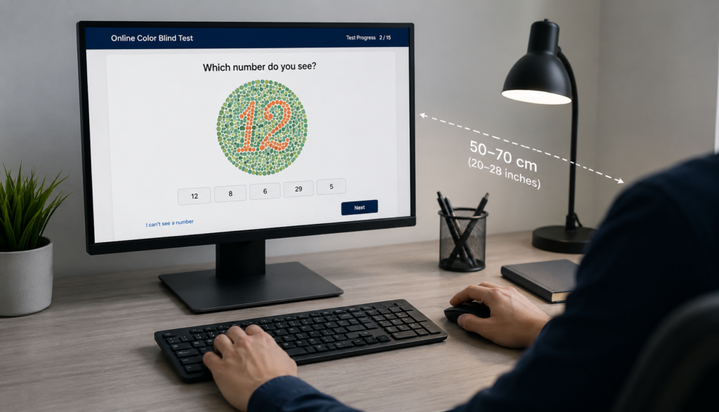 Person sitting at proper distance from monitor taking online color blind test with neutral lighting.