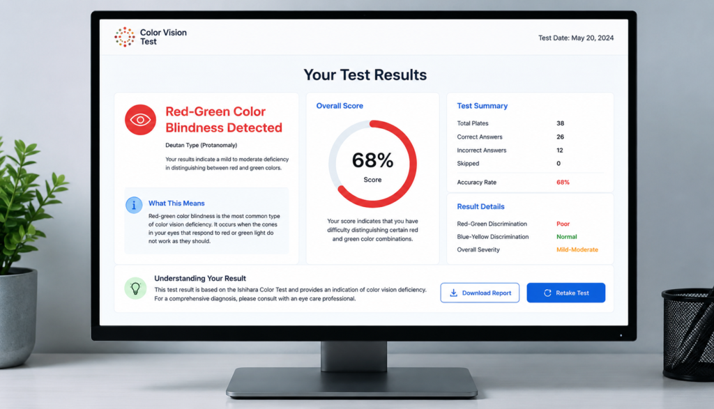 Monitor displaying online color blind test results screen showing color blindness diagnosis.