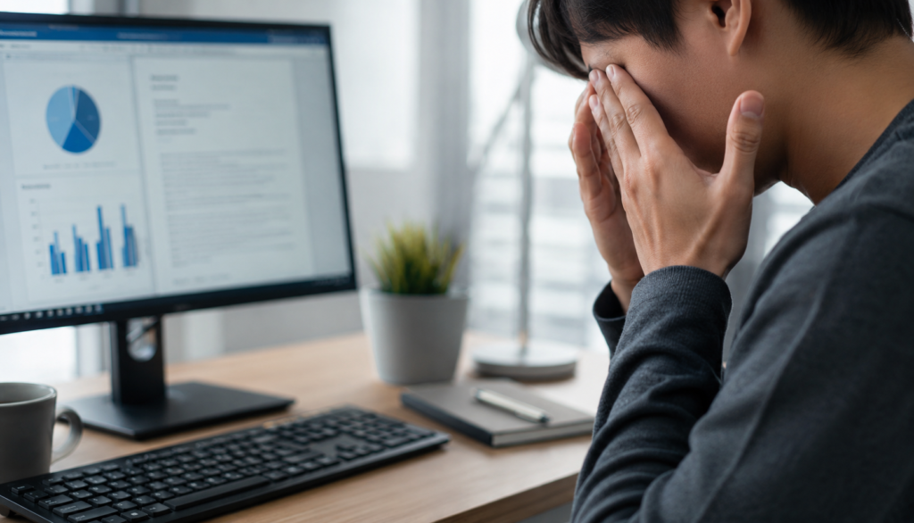 Person seated at desk rubbing tired eyes while working at computer showing computer eye strain.