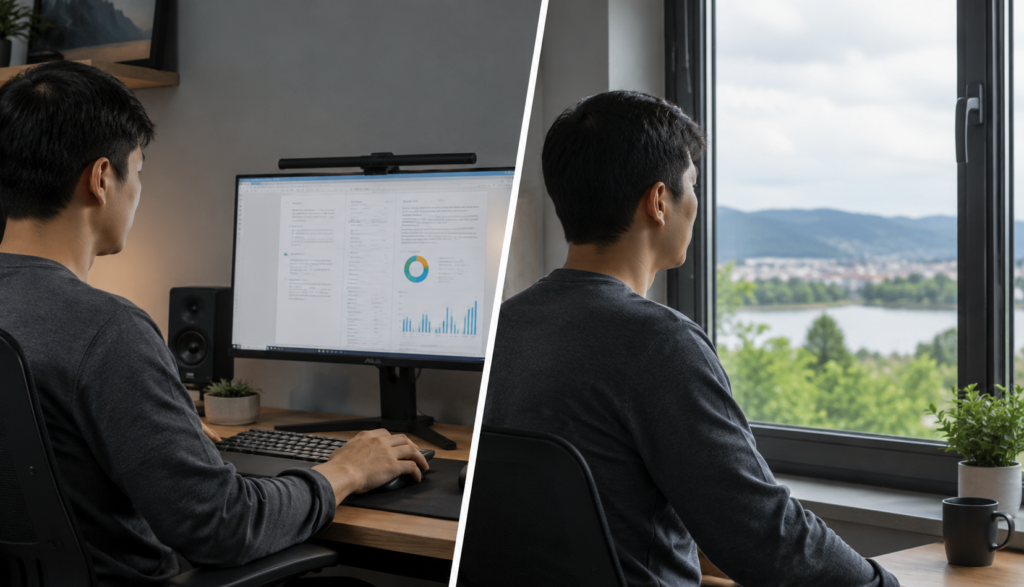Split-screen showing person at computer desk transitioning to looking at distant outdoor scenery during break.