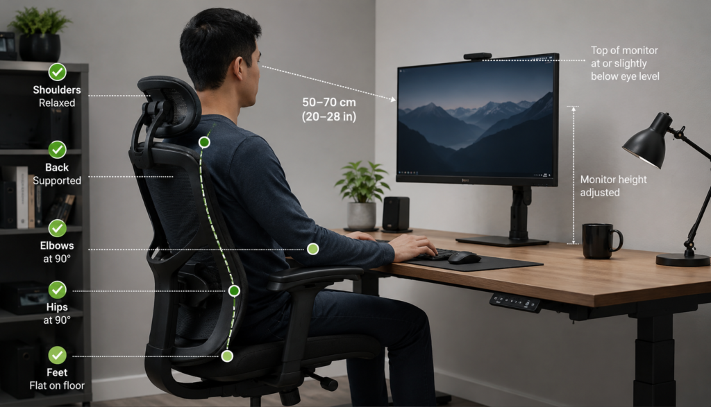 Ergonomic desk setup showing proper monitor height, distance, and posture for reducing computer eye strain.