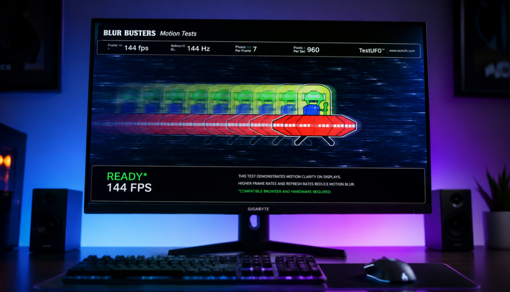 Gaming monitor displaying a motion test pattern used to check refresh rate performance