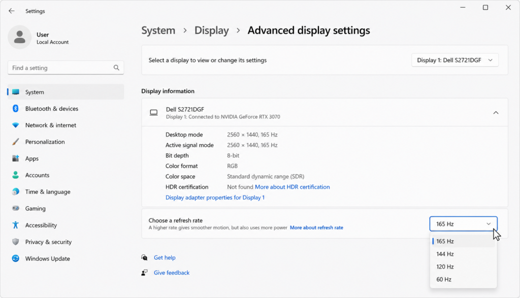 Windows advanced display settings menu showing the refresh rate dropdown option