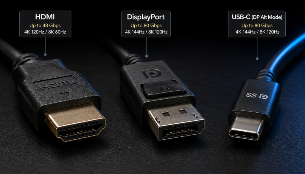 Comparison of HDMI, DisplayPort, and USB-C cables relevant to monitor refresh rate limitations