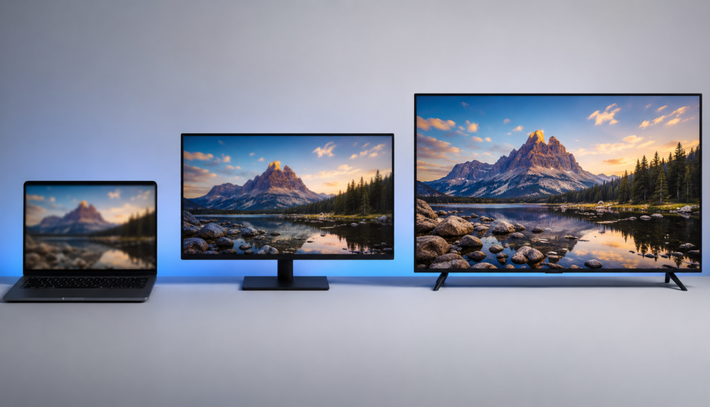 Laptop, monitor, and TV displaying the same content at different screen resolutions