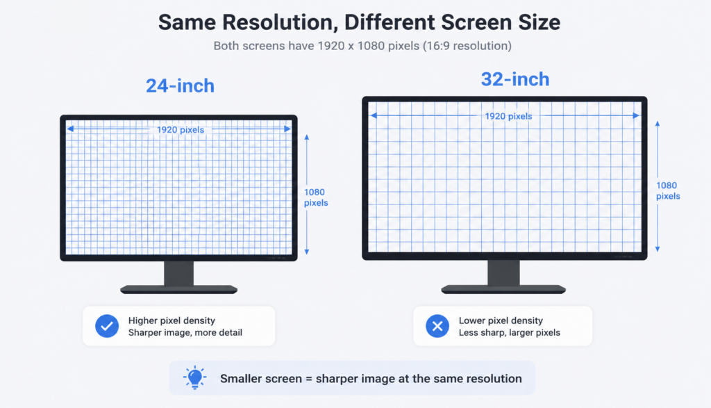 Comparison of pixel density between a 24-inch and 32-inch monitor at the same resolution