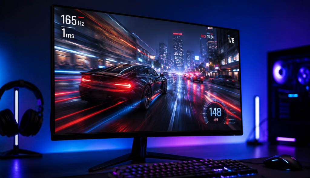 Gaming monitor displaying smooth fast-motion gameplay demonstrating high refresh rate performance