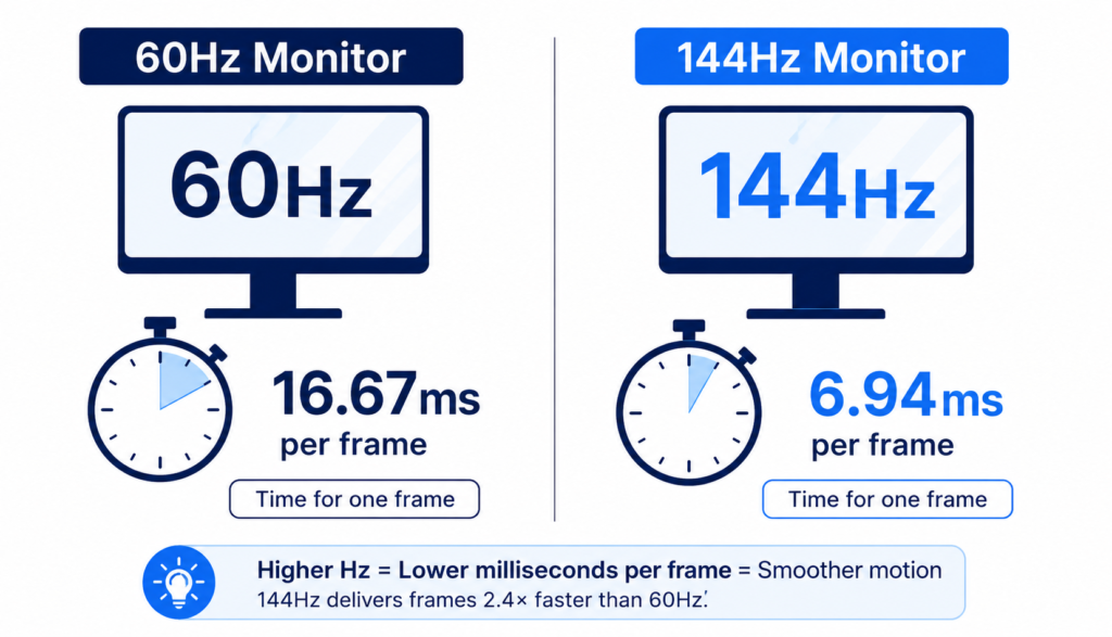 Infographic comparing frame time in milliseconds between 60Hz and 144Hz monitor refresh rates