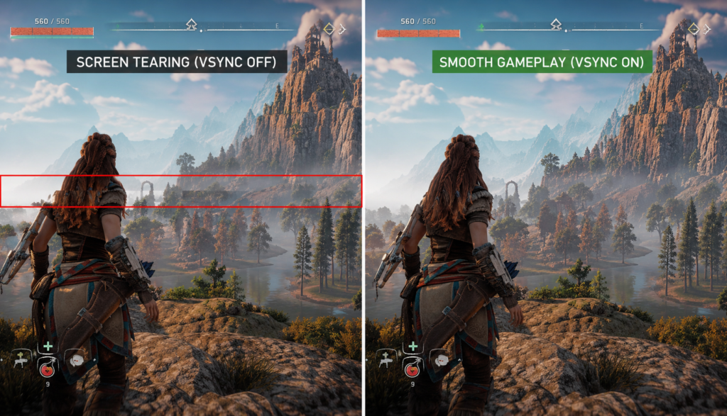 Side-by-side comparison showing screen tearing artifact versus smooth synced monitor output
