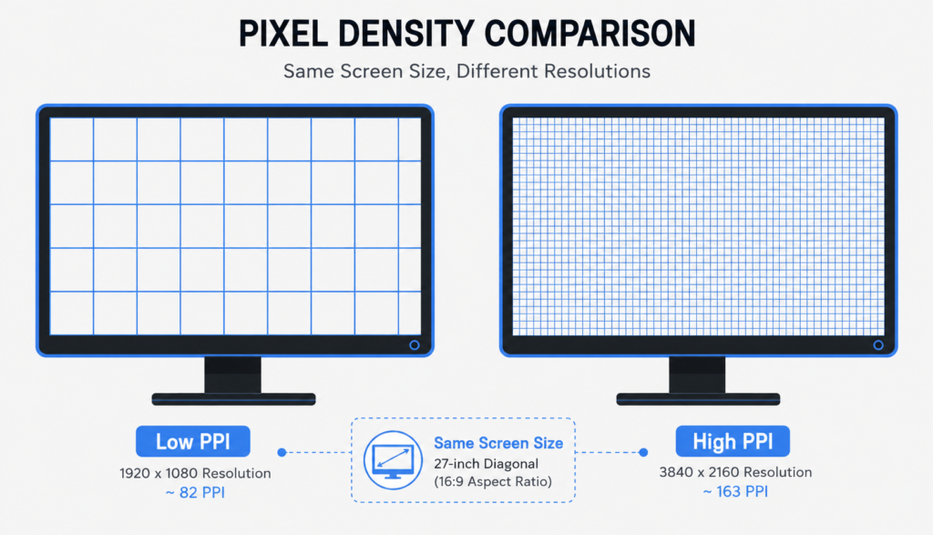 Diagram comparing low pixel density versus high pixel density on two monitors of the same size