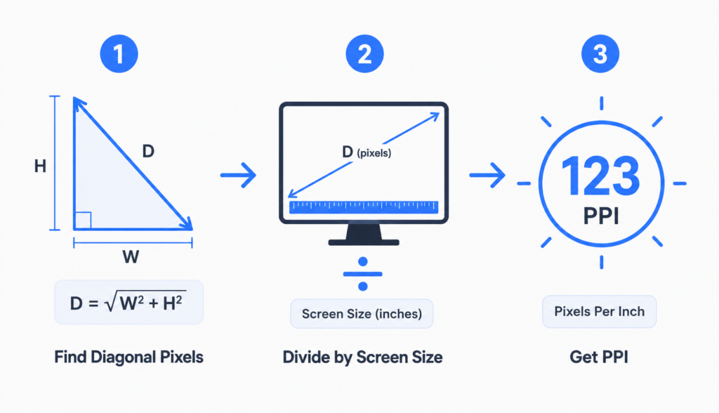 Three-step visual breakdown of how to calculate monitor pixel density using the PPI formula